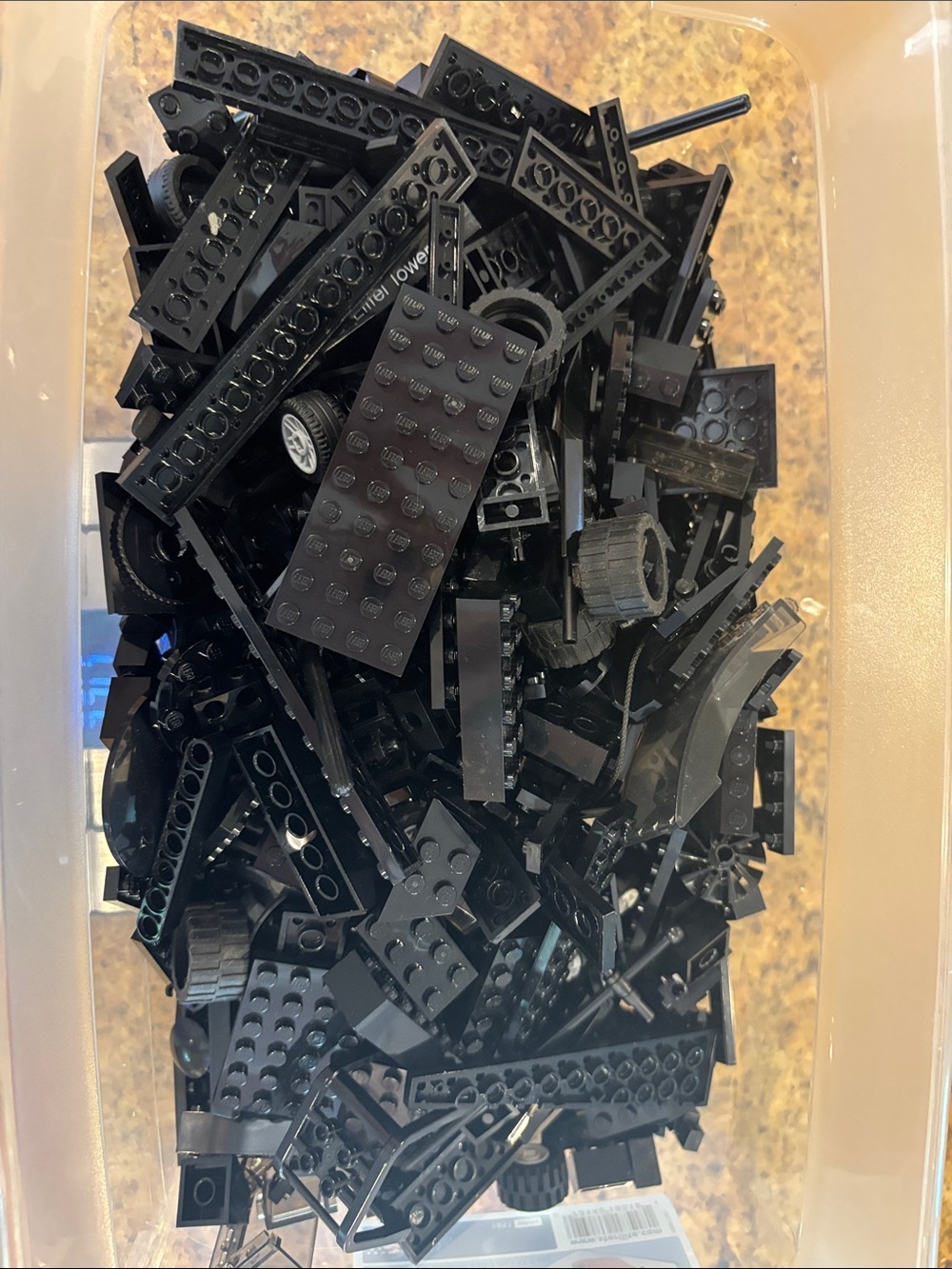 Black Lego Lot, just under 1.75lbs, mixed sizes, wheels and miscellaneous pieces